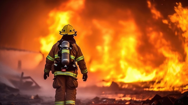 Pompier combattant le feu parmi les flammes