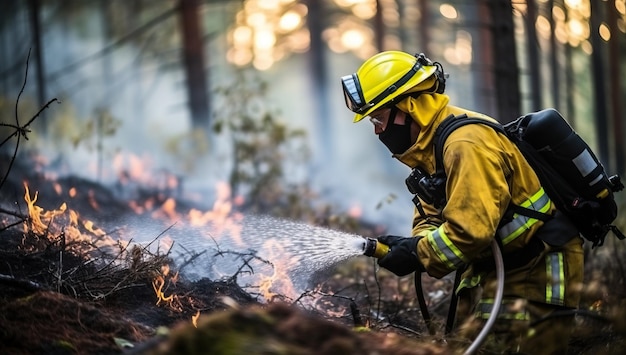 Pompier combattant un incendie dans la forêt