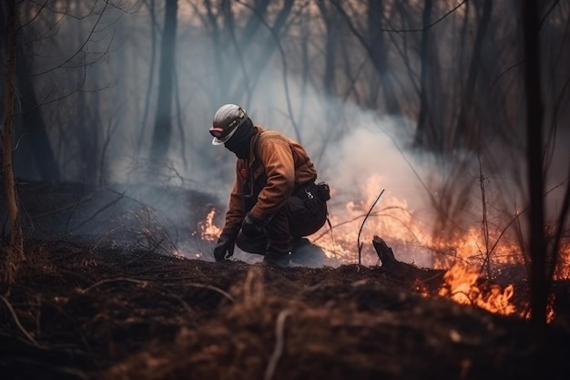 Un pompier dans une clairière avec un feu en arrière-plan.