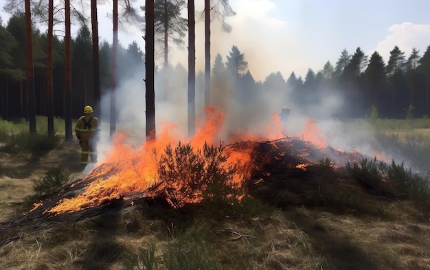 Un pompier dans un décor forestier avec un feu en arrière-plan