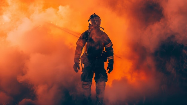 Un pompier debout au milieu d'une épaisse fumée pendant son travail