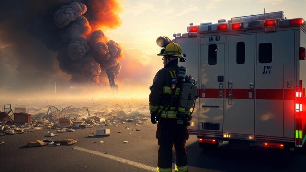 Pompier debout devant un camion de pompiers avec le mot feu sur le côté