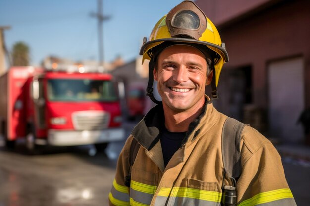 Photo un pompier debout devant un camion de pompiers