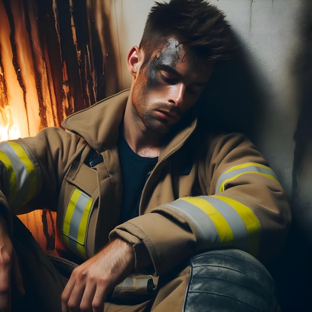 Un pompier épuisé prend une pause après une épuisante opération de lutte contre les incendies dans un environnement urbain