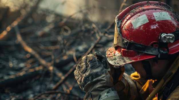 Un pompier épuisé se repose au milieu des débris brûlés.