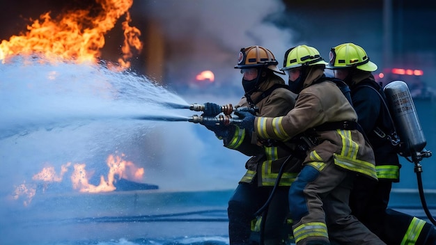 Photo un pompier ou une équipe de pompiers pulvérise de l'eau par une buse à haute pression sur le feu.