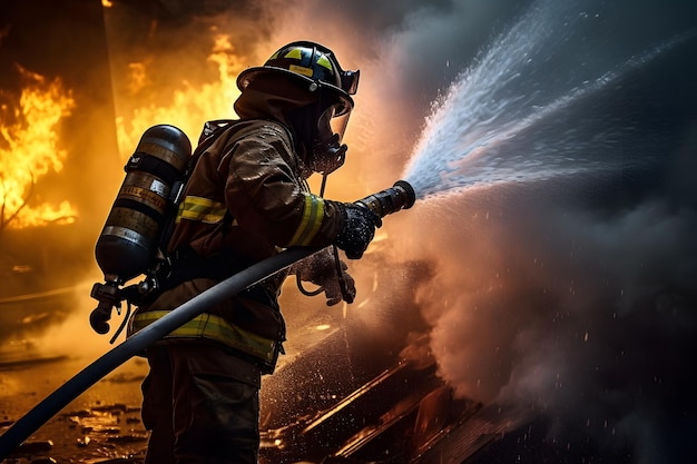 Un pompier éteignant un incendie avec un tuyau symbolisant la bravoure et le dévouement