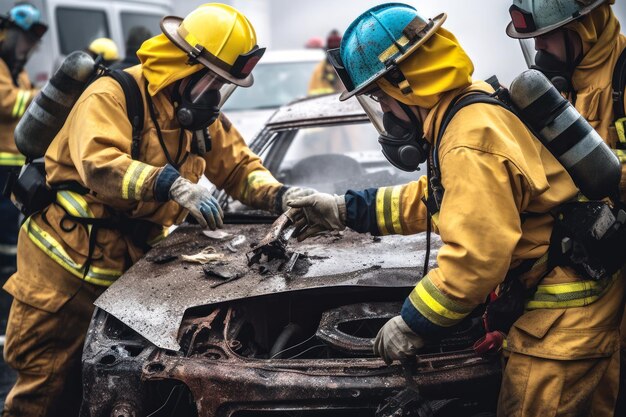 Pompier éteignant une voiture après un accident ai génératif