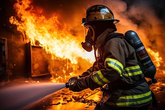 un pompier éteint le feu avec un tuyau génératif ai