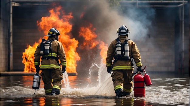 Photo un pompier éteint un grand incendie