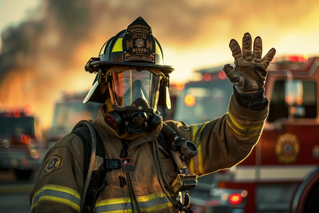 Un pompier fait signe à la caméra devant un camion de pompiers.