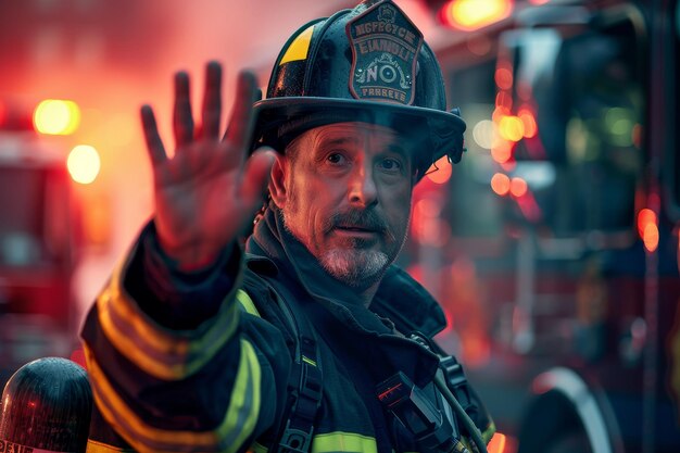 Un pompier fait signe à la caméra devant un camion de pompiers.