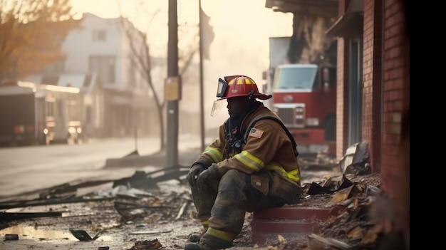 Pompier fatigué assis devant des décombres