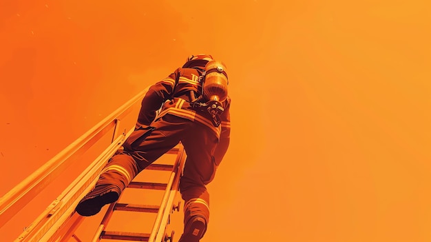 Photo un pompier grimpe sur une échelle pour sauver des gens d'un bâtiment en feu.