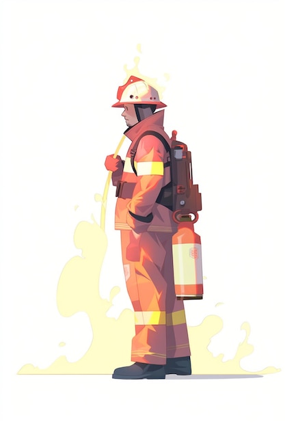 Un pompier avec un gros extincteur sur le dos.