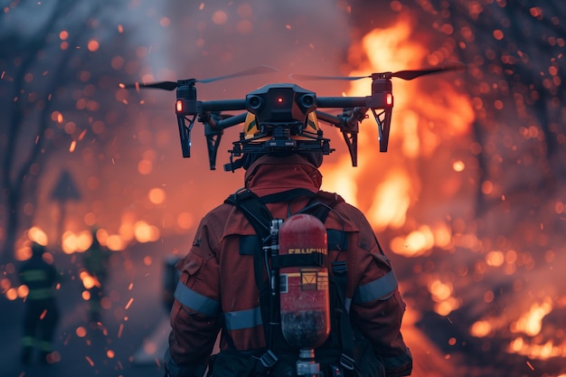 Un pompier avec un hélicoptère télécommandé sur la tête Journée internationale des pompiers