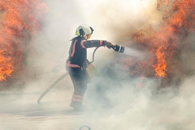 Le pompier héros se tient parmi la fumée et le feu et éteint le feu avec un jet d'eau pompier éteint un incendie