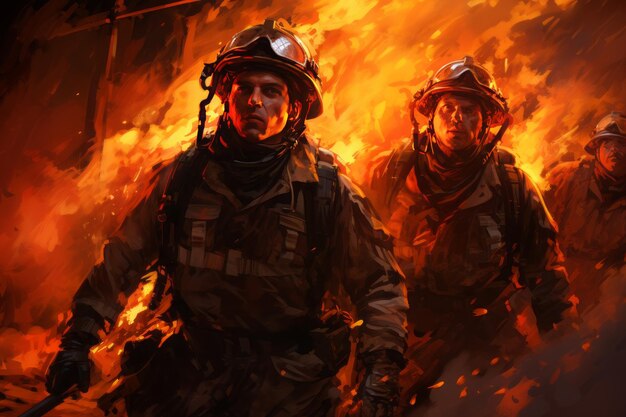 Un pompier. Des héros en vêtements de protection combattent des flammes dangereuses à l'extérieur.