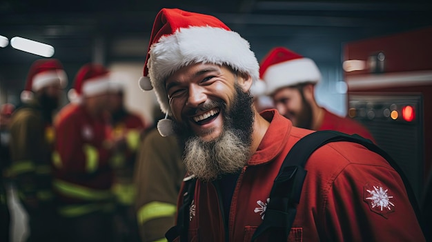 Un pompier joyeux en chapeau de Père Noël mène l'équipe à l'exercice d'entraînement de la caserne de pompiers du cœur de l'État.