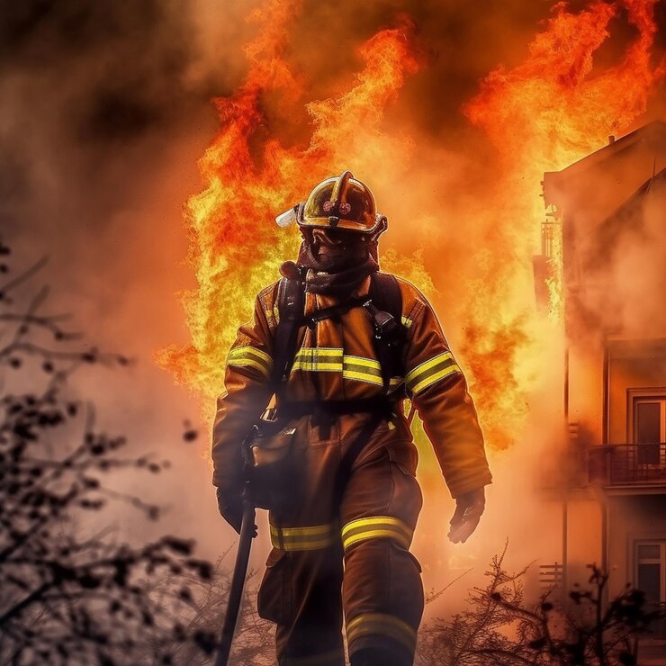 Photo un pompier marche à travers un feu.