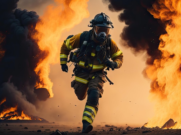 Pompier en masque fuyant le feu épique ai génératif