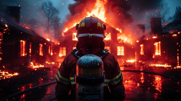 Un pompier portant l'équipement complet se tient préparé devant un incendie de maison qui fait rage