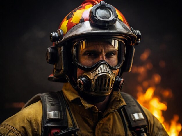 un pompier portant un masque à gaz et un casque de fireman