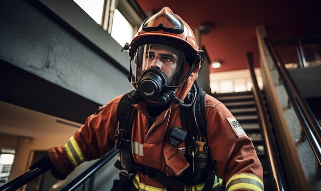 Un pompier portant un masque à gaz et des lunettes de protection