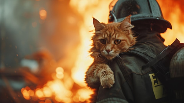 Photo un pompier porte un chat hors d'un bâtiment en feu.