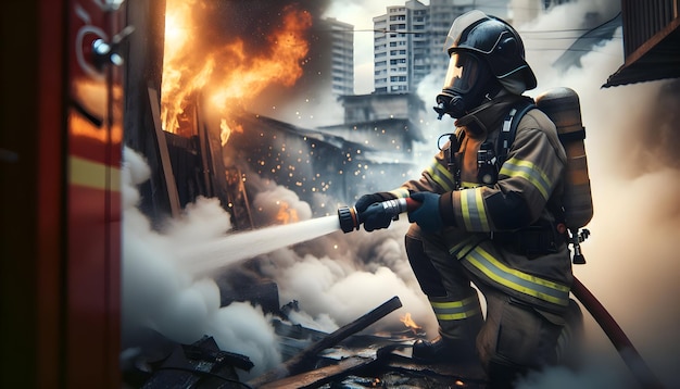 Un pompier professionnel en action pour éteindre les flammes avec de la fumée s'élevant autour de Candid Daily W