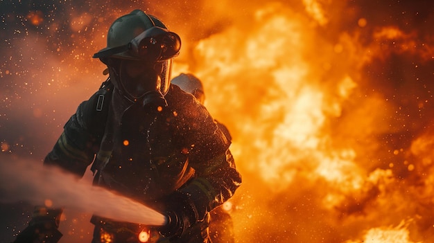 Un pompier pulvérise de l'eau sur un feu.