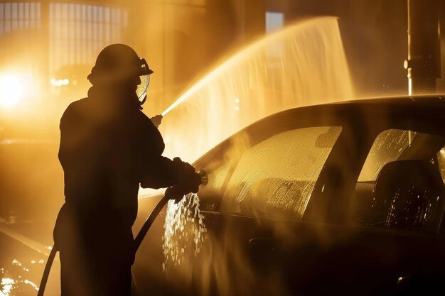 Un pompier pulvérise de l'eau sur une voiture