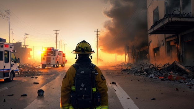 Un pompier se dirige vers un bâtiment en feu avec les mots feu sur le côté.