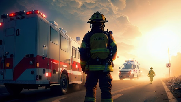 Un pompier se tient devant un camion de pompiers avec le mot urgence à l'arrière.