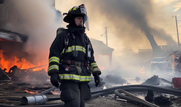 Un pompier se tient devant un immeuble en flammes.