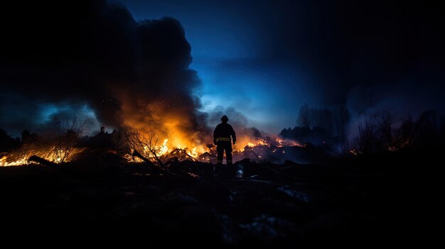 Photo le pompier se tient sur la scène de l'incendie vue grand angle