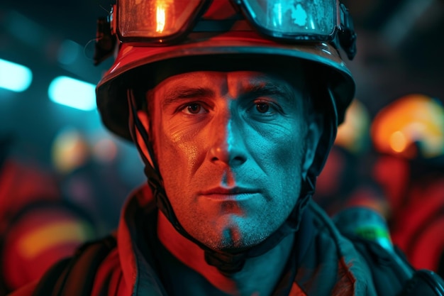 pompier de sexe masculin portant un casque et un chapeau de pompier sur le fond de pompiers en uniforme