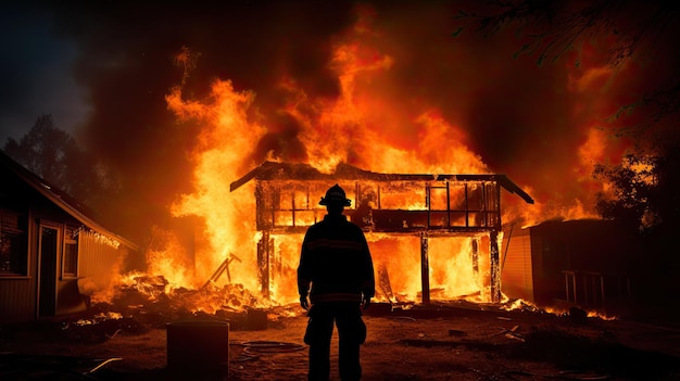 Un pompier silhouetté tente d'éteindre une maison en feu