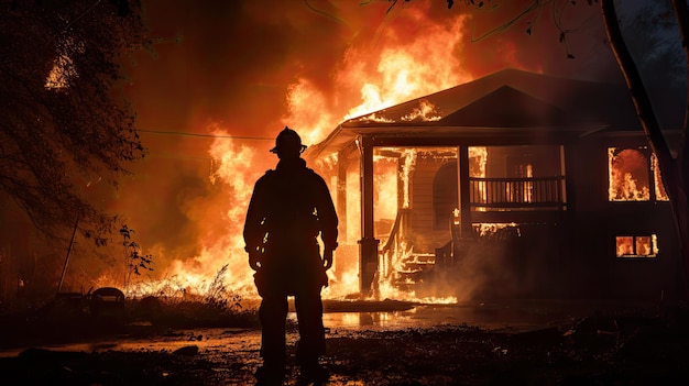 Un pompier silhouetté tente d'éteindre une maison en feu