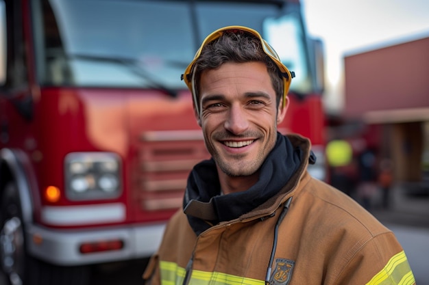 Un pompier souriant devant le camion de pompiers avec une IA générative