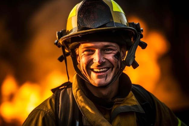 Un pompier souriant devant un incendie