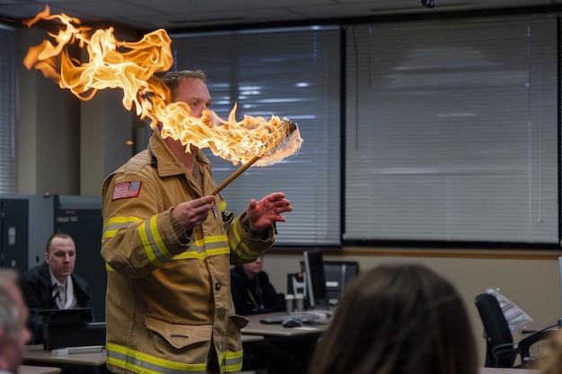 Photo un pompier tenant un bâton avec des flammes qui en sortent