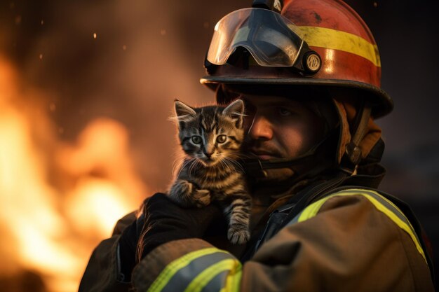 Un pompier tenant un chaton devant un incendie