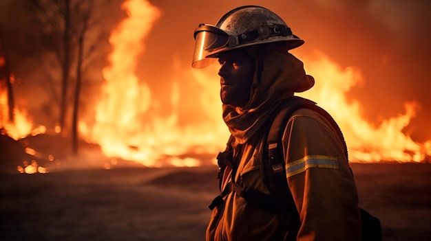 Pompier en tenue complète devant un feu de forêt AI générative