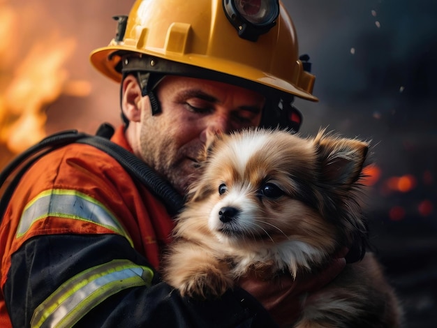 Un pompier tient un animal pour le sauver du feu et de la fumée.
