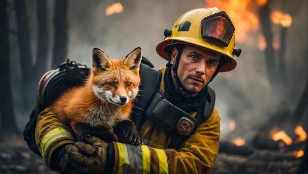 un pompier tient un renard sauvé dans ses bras