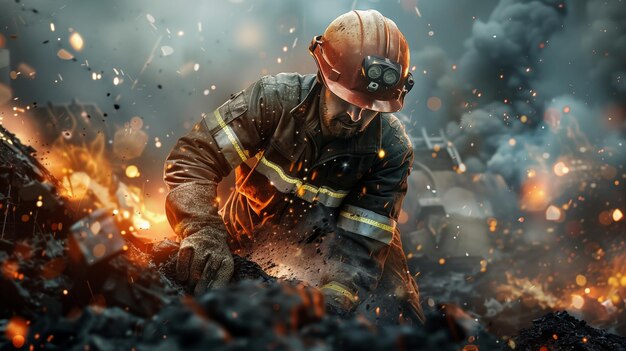 Photo un pompier travaille courageusement au milieu des flammes et des débris.