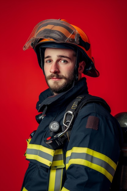 Photo un pompier en uniforme noir avec un casque rouge qui a l'air sérieux et prêt à intervenir en cas d'urgence.