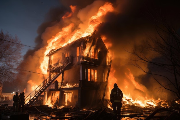 Pompier utilisant une échelle pour sauver des personnes d'un bâtiment en flammes