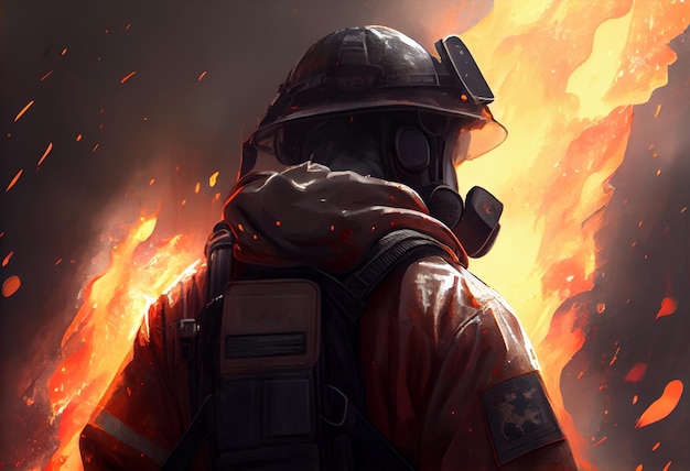 Pompier vu de dos avec un grand feu en arrière-plan Générer Ai